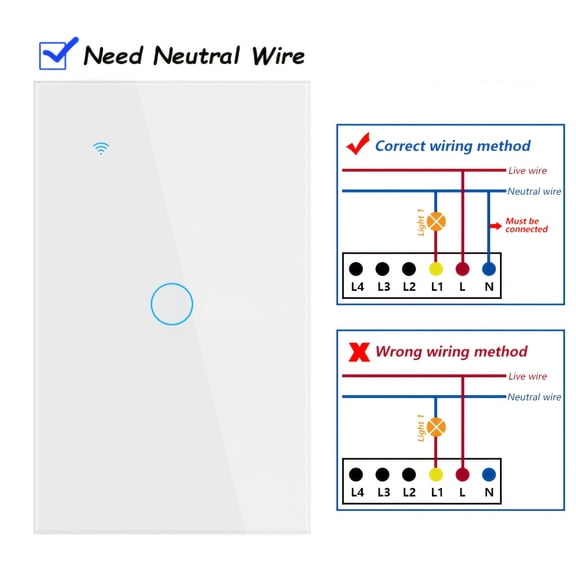 Premium Scratch-Resistant Glass Smart Wall Switch, WiFi + Bluetooth Touch Screen Light Switch (1-4 Gang), Voice Control, 600W/Gang (Neutral Required)