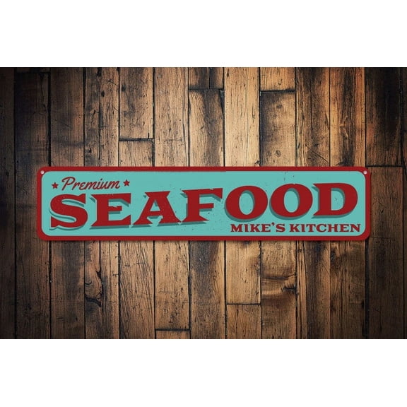 Premium Seafood Sign Kitchen Name Sign Custom Restaurant Beach House Sign Metal Beach Decor - Seafood Sign - Size: 16 x 4 Inches