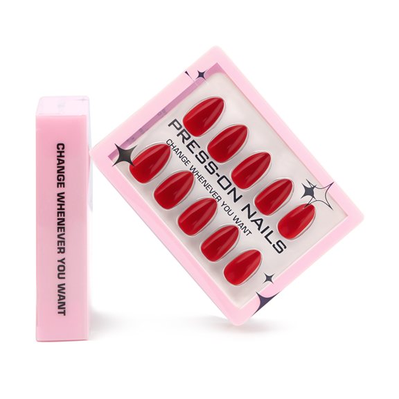 Premium Sense 30 Pieces Boxed Wear Nail Big Red Solid Color Gel Nail Art Short Almond Nail False Nail