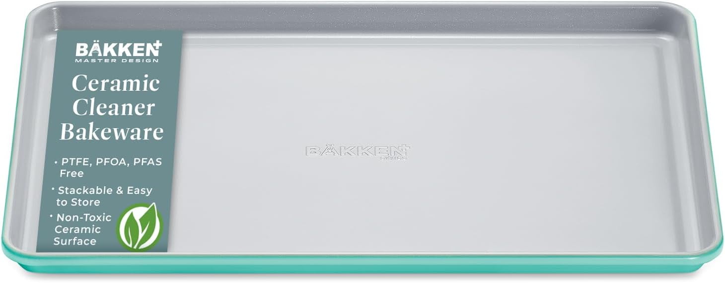 Premium Sheet Pan Set - Aluminized Steel with Ceramic Non-Stick, Heavy-Duty Bakeware for Cake, Bread - Even Heat Distribution - KFCC Premium Ceramic Inside, Colored Outside - Oven-Safe - Teal