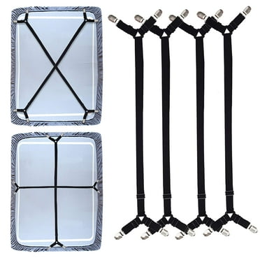 Premium Sheet Straps, 4 Pcs(2 Set) Adjustable Crisscross Fitted Sheet Clips Band Grippers Suspenders Corner Holder Elastic Heavy Duty for All Bedsheets Mattress Corners Flat Sheets Long Type (Black)
