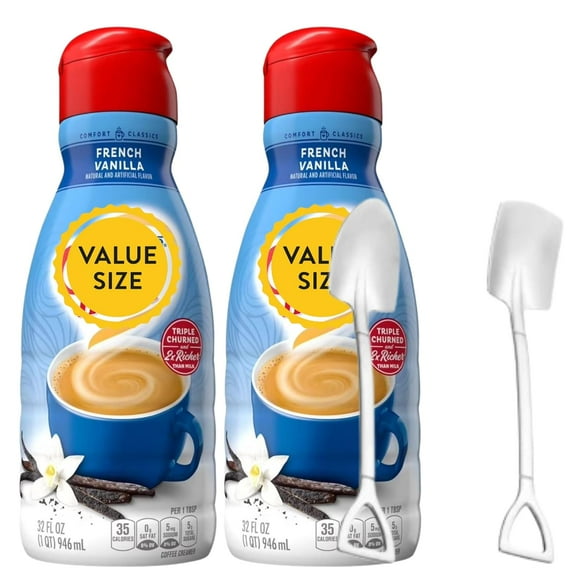Premium Shelf Stable Non-Dairy Liquid Coffee Creamer.- Two (2) 32 fl oz Bottles of Creamy Smooth Delightful Coffee Creamer with Candy Freezer Mini Metal Shovel Spoons (French Vanilla) Shovel Spoons