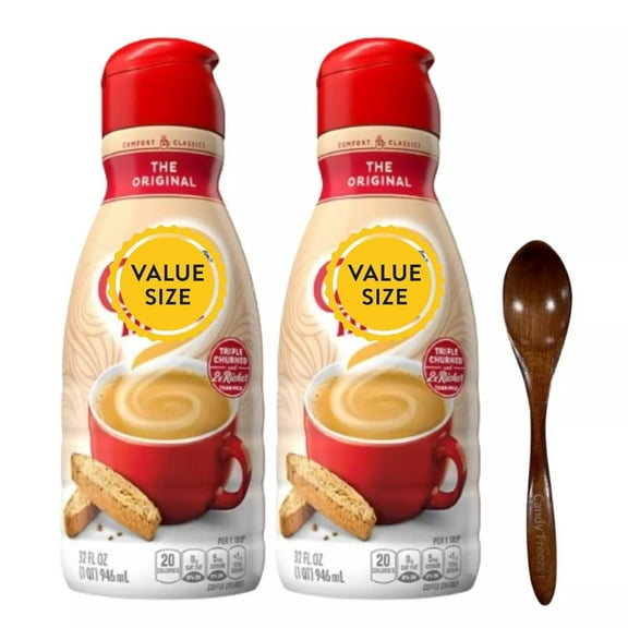 Premium Non-Dairy Liquid Coffee Creamer.- Two (2) 32 fl oz Bottles of Creamy Smooth Delightful Coffee Creamer (Original Flavor) with Wooden Spoon
