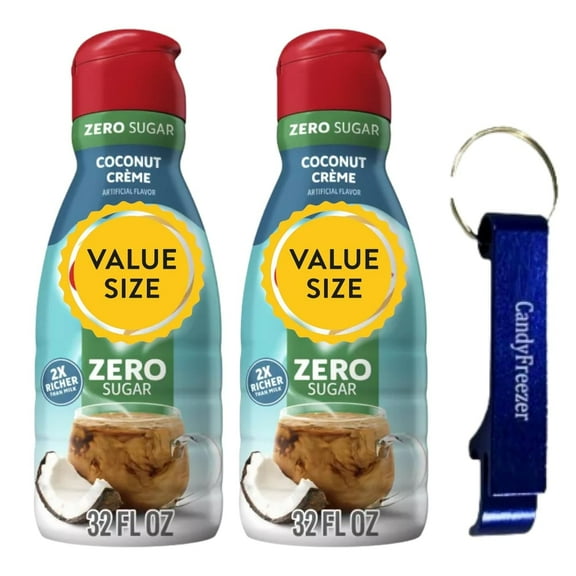 Premium Shelf-stable Non-Dairy Liquid Coffee Creamer- Two (2) 32 fl oz Bottles of Creamy Smooth Delightful Coffee Creamer with Candy Freezer Bottle Opener Keychain (Sugar-Free Coconut Creme) Keychain