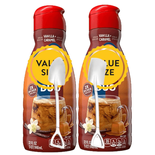 Premium Shelf-stable Non-Dairy Liquid Coffee Creamer.- Two (2) 32 fl oz Bottles of Creamy Smooth Delightful Coffee Creamer with Candy Freezer Shovel Spoon (Vanilla & Caramel) Shovel Spoon