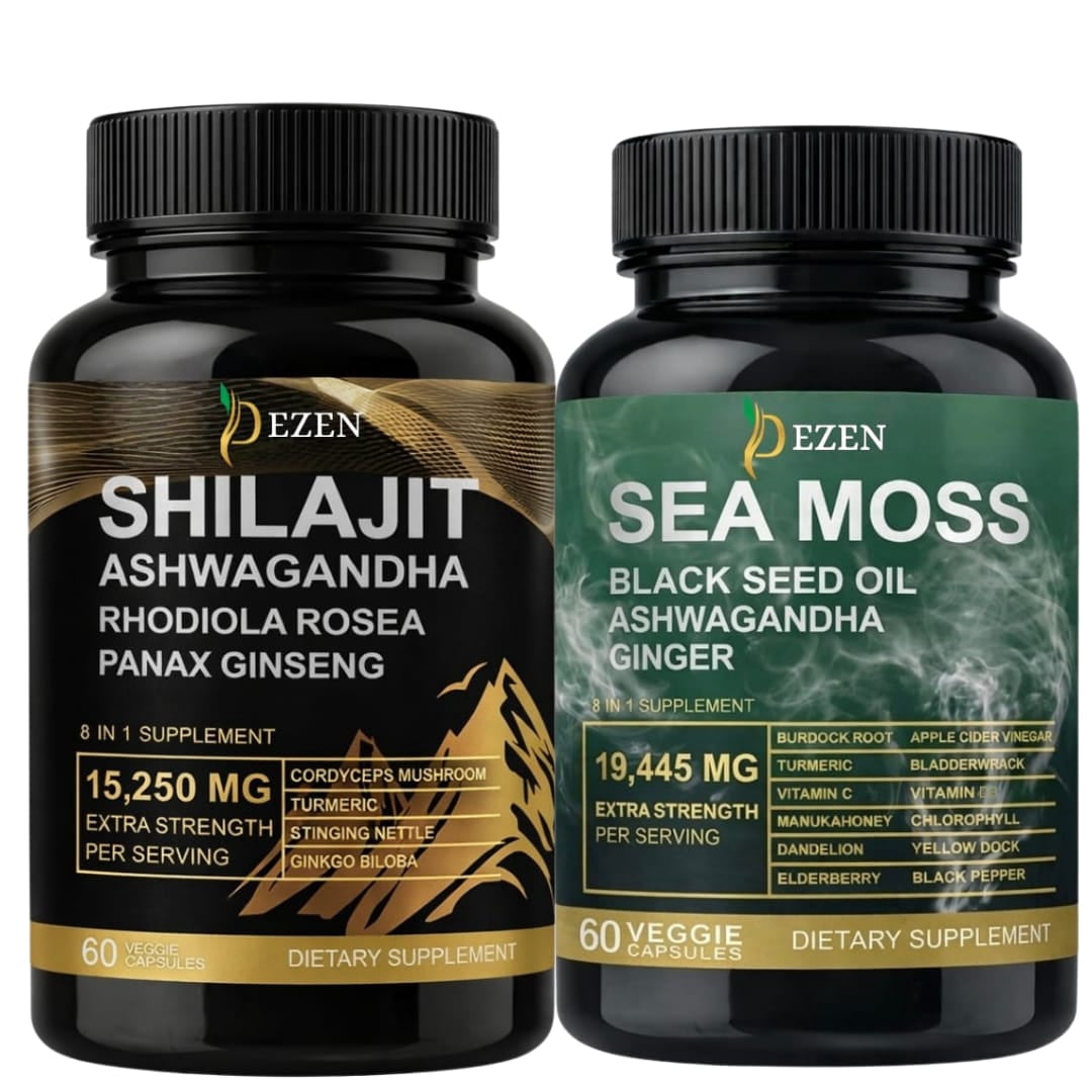 Premium Shilajit & Sea Moss Capsules Combo Pack with Ashwagandha, Turmeric, Black Seed Oil, Irish Sea Moss Blend, 30 Servings