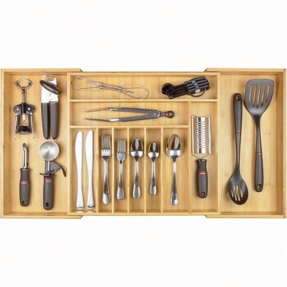 Premium Sierware Flatware and Utensil Organizer for Kitchen Drawers Food-Safe Contract Grade Expandable from 18 to 33 In Natural Bamboo