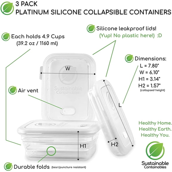 Premium Silicone Collapsible Food Storage Containers with Silicone Leakproof Lids, Platinum Food-Grade, , LFGB Certified, Compact, Reusable Lunch Box, Microwave Safe, 4.9 Cups 3 Pk