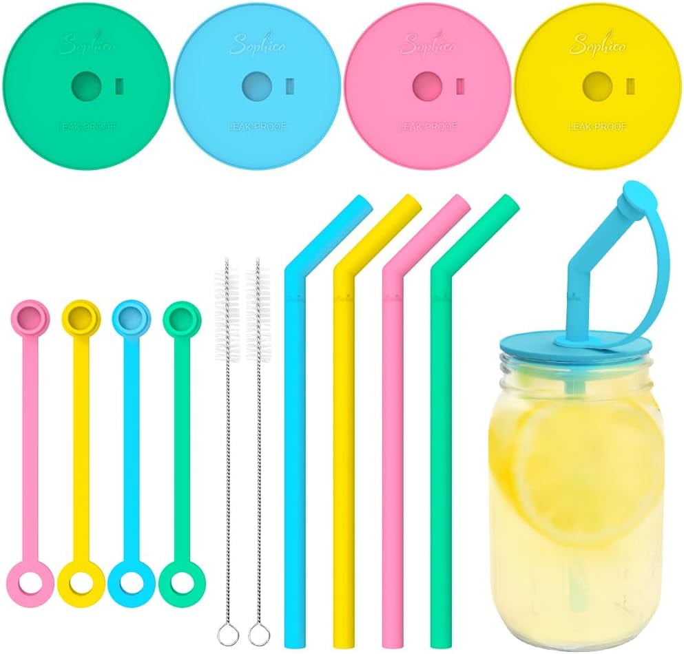 Premium Silicone Mason Jar Lids with Straw and Stoppers 4 Pack BPA