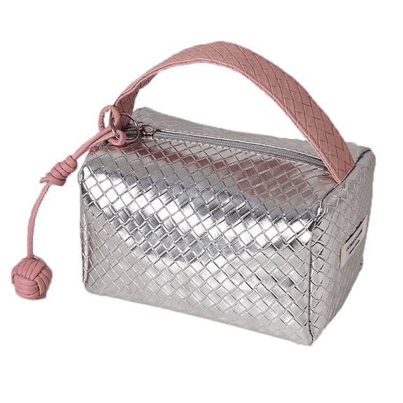 Premium Silver Diamond-Pattern Makeup Bag with Pink Braided Handle - Portable Travel Cosmetic Case for Women, Waterproof & Spacious