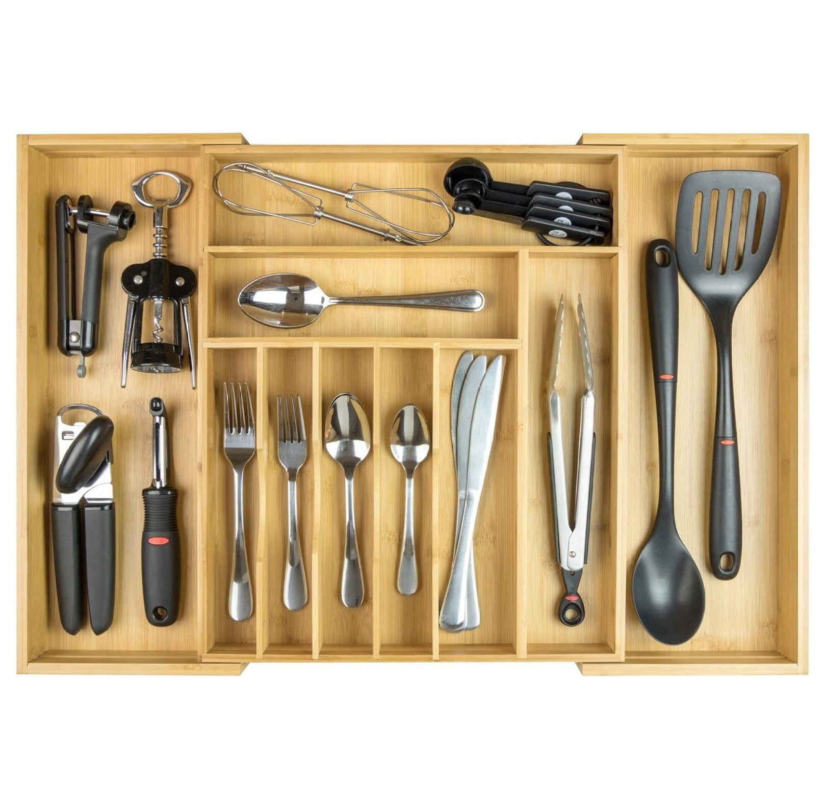 Expandable Bamboo Kitchen Drawer Organizer with 10 Compartments