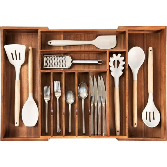 Premium Silverware, Flatware and Utensil Organizer for Kitchen Drawers, Expandable 14.5 to 25 Inches Wide, 10 Compartments, Food-Safe Premium Acacia Wood Finish Kitchen Storage Tray