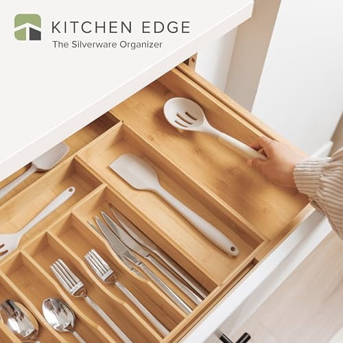 Expandable Bamboo Utensil Drawer Organizer - 13" To 21" Wide, 8 Compartments, 2.5" Deep (Bamboo Utensils Included)
