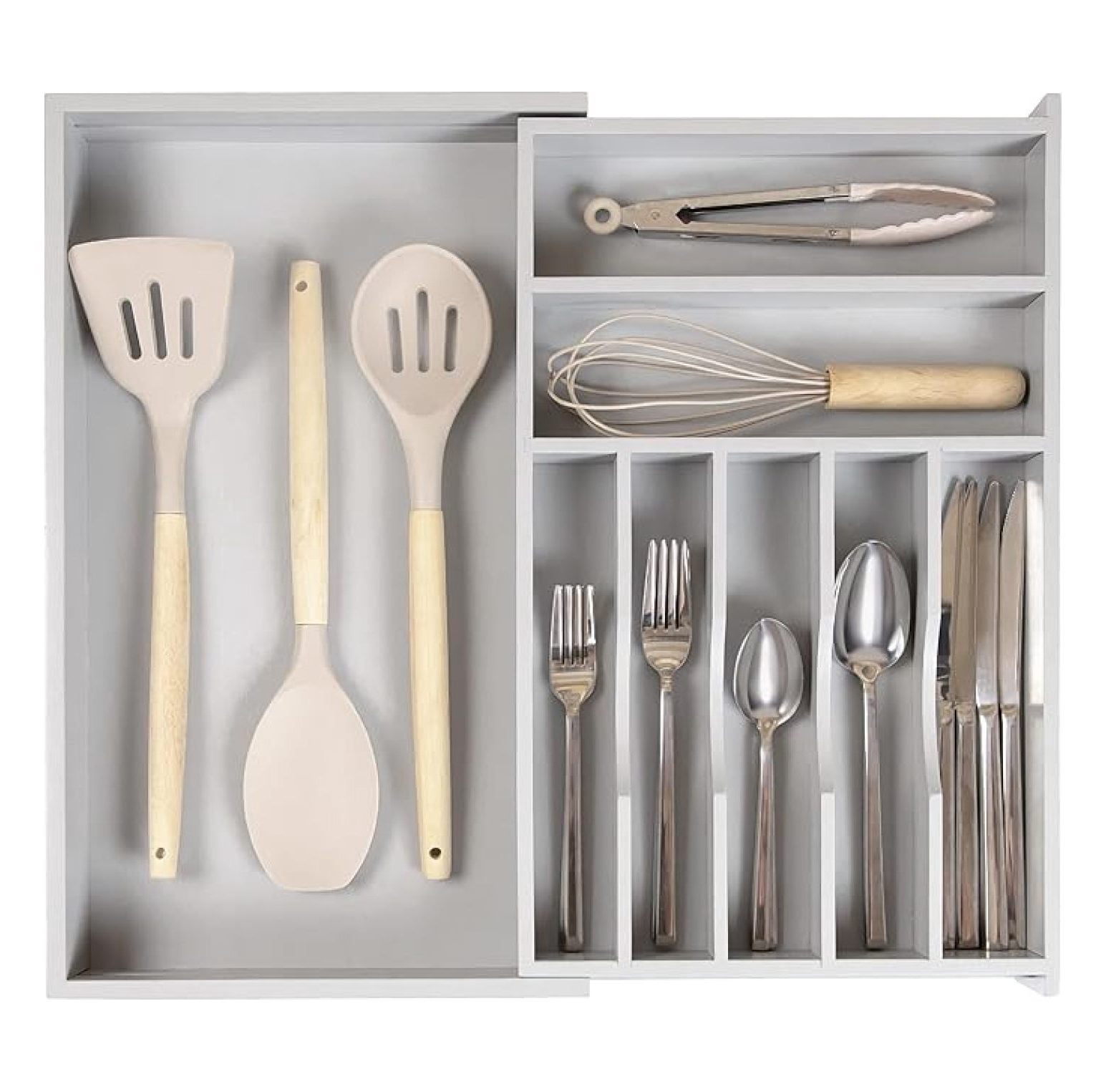 Premium Silverware, Flatware and Utensil Organizer for Kitchen Drawers, Food-Safe Contract Grade, Expandable from 10.5 to 19 In, Gray Bamboo