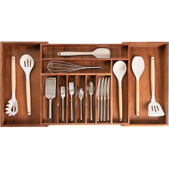 Premium Silverware, Flatware and Utensil Organizer for Kitchen Drawers, Food-Safe Contract Grade, Expandable from 18 to 33 In, Natural Acacia