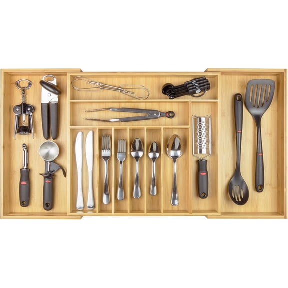 Premium Silverware, Flatware and Utensil Organizer for Kitchen Drawers, Food-Safe Contract Grade, Expandable from 18 to 33 In, Natural Bamboo