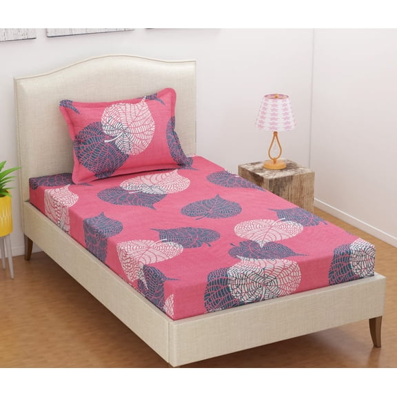 Premium Single Bedsheet With 1 Pillow Covers - 60 X 90 Inches, Pink & White | 160 TC Super Soft Glace Cotton-Breathable & Wrinkle Free