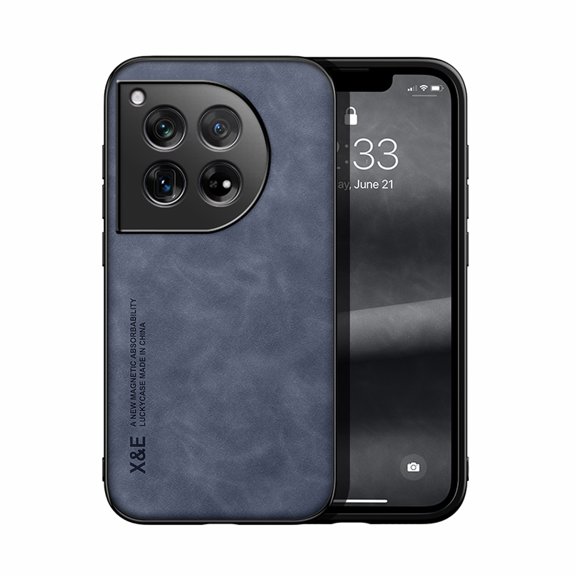 Premium Skin-Feel PU Leather Case for OnePlus 12, Ultra Slim and Lightweight Case with Support Car Mount Use, Scratch Resistant Shockproof Cover for OnePlus 12, Blue