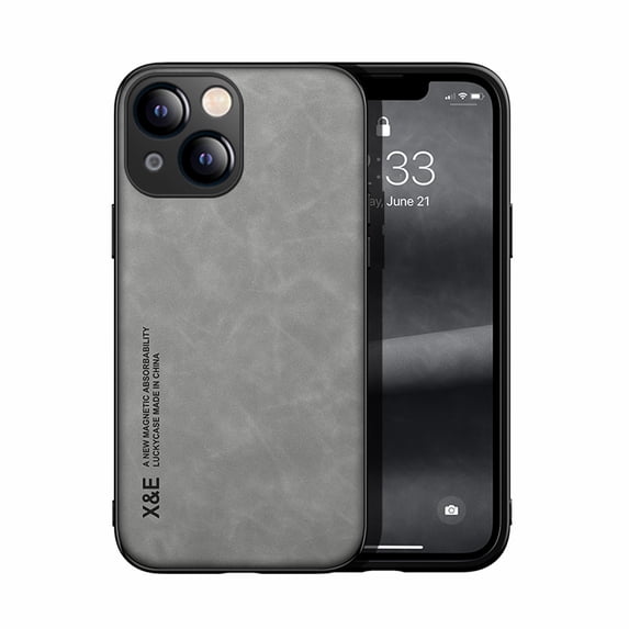 Premium Skin-Feel PU Leather Case for iPhone 15, Ultra Slim and Lightweight Case with Support Car Mount Use, Scratch Resistant Shockproof Cover for iPhone 15, Lightgray