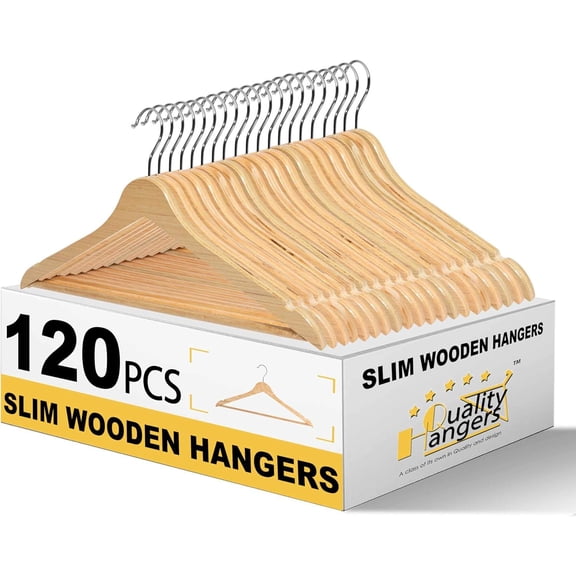 Premium Slim Wooden Clothes Hangers 120 Pack  1/3" Thick, 360 Swivel Hook & Shoulder Grooves, Natural Finish