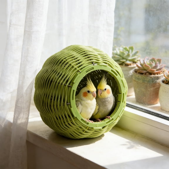 Premium Small Bird Hammock Birdhouse | Woven Plastic Rattan, Chew-Resistant, Breathable, Easy-Clean, Durable Hanging Nest, Secure Cage Attachment | Parrot & Parakeet Resting Hut, Brown/Blue/Green