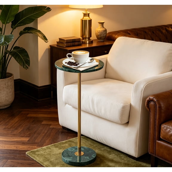 Premium Small Round Natural Marble Stone Pedestal Side Table Emerald Green, Weighted Base, Mini Drink Table for Living Room, Bedroom, Bathroom, Balcony