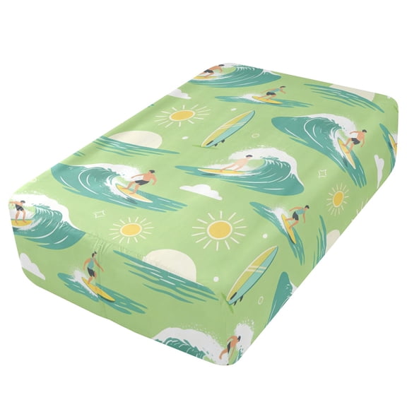 Premium Soft Fitted Sheet for Blow Up Bed Mattress Sheets with Zipper for Camping Office Bedroom, Green Surfing Print