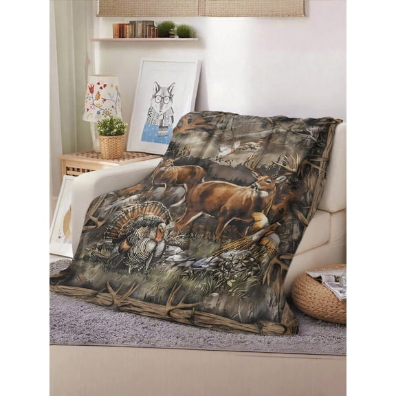 Premium Soft Flannel Throw Blanket With Vivid Wildlife Hunting Scene Featuring Deer Turkey Duck & Forest Camouflage Print  Cozy Warm Plush Couch Sofa Bed Decor (280 Gsm)