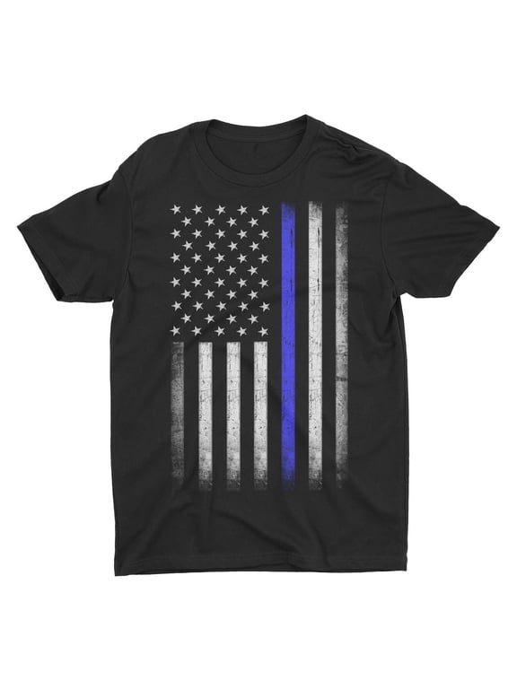 Premium Soft Ringspun USA Flag Blue Lives Matter Lightweight T-Shirt Black, 2XL
