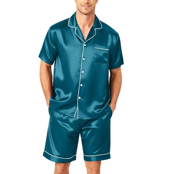 Premium Soft Satin Silk Set For Men Short Sleeve Button Front Top Loose Shorts Two Piece Loungewear With Pockets Blue L