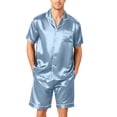 thumbnail image 1 of Premium Soft Satin Silk Set For Men Short Sleeve Button Front Top Loose Shorts Two Piece Loungewear With Pockets Light Blue 2XL, 1 of 6