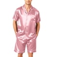 thumbnail image 1 of Premium Soft Satin Silk Set For Men Short Sleeve Button Front Top Loose Shorts Two Piece Loungewear With Pockets Pink S, 1 of 6