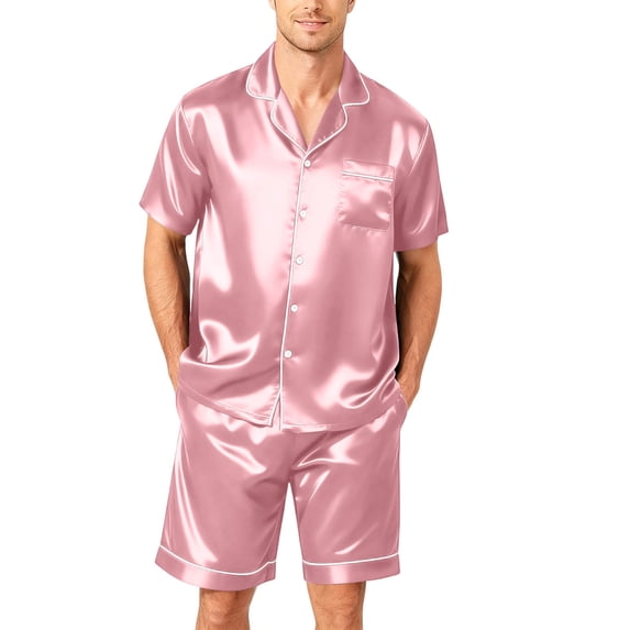 Premium Soft Satin Silk Set For Men Short Sleeve Button Front Top Loose Shorts Two Piece Loungewear With Pockets Pink S