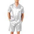 thumbnail image 1 of Premium Soft Satin Silk Set For Men Short Sleeve Button Front Top Loose Shorts Two Piece Loungewear With Pockets White S, 1 of 6
