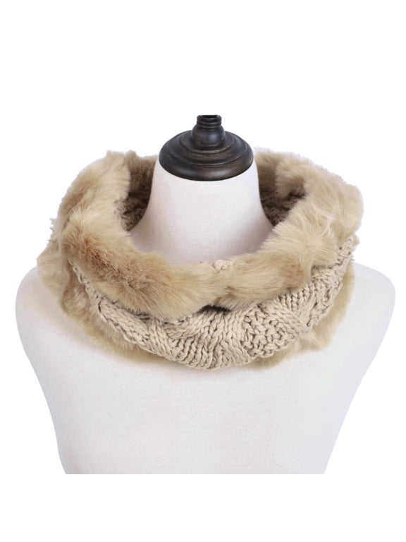 Premium Solid Color Winter Diamond Knit Faux Fur Trim Infinity Loop Circle Scarf