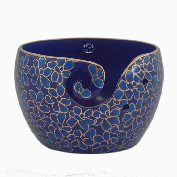 Premium Solid Crafted Floral Metallic Finish Aluminium Portable Yarn Bowl Holder for Knitting Crochet Christmas Gift Set | Hind Handicrafts (6" x 6" x 4", Blue)
