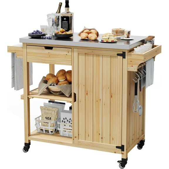 Premium Solid Wood Grill Cart with Stainless Steel Top, 31.5" Rolling BBQ Prep Table, Locking Wheels & 3-Tier Storage for Patio/Backyard