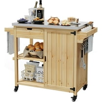 Premium Solid Wood Grill Cart with Stainless Steel Top, 31.5" Rolling BBQ Prep Table, Locking Wheels & 3-Tier Storage for Patio/Backyard