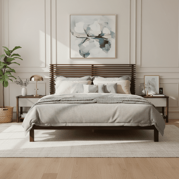 Premium Solid Wood Queen Size Platform Bed Frame with Horizontal Slat Headboard, Modern Walnut Wood Bedroom Furniture, 600 lbs Weight Capacity,No Box Spring Needed, Fits All Mattresses No.9326