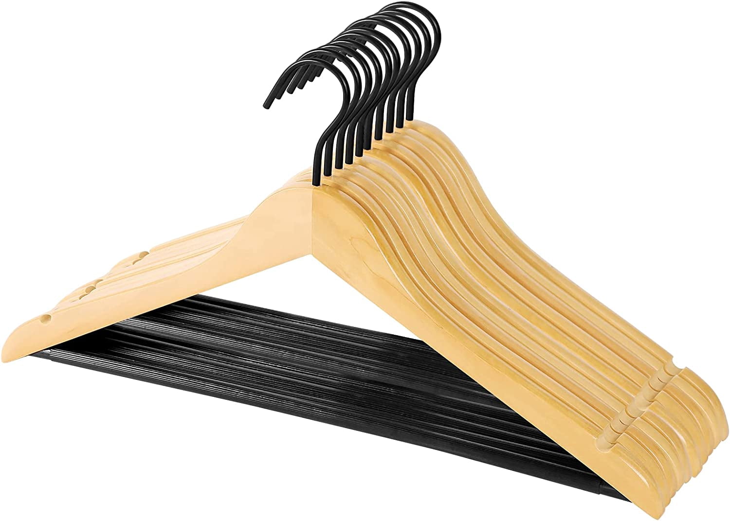 Premium Solid Wood Suit & Coat Hangers, 20-Pack with Non-Slip Pants Bar, Silent Coated Hooks, 360 °   Swivel for Closet Organization in Black