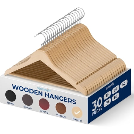 Premium Solid Wooden Hangers - Smooth Finish Space Saving Heavy Duty Suit Clothes Hanger Set w/ 360 Degree Swivel Metal Hook, Precisely Cut Notches, for Coats Jackets Pants Dress (30-Pack)