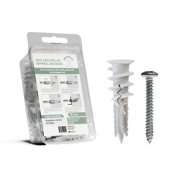 Premium Splitting Self-Drilling Drywall Anchors and Screws Kit | Used On Drywall, Plaster Board, Sheetrock, Gypsum, Hollow Wall | 25#8X 1-1/4 Philips Screws and 25 Plastic Anchors - 90 Lbs