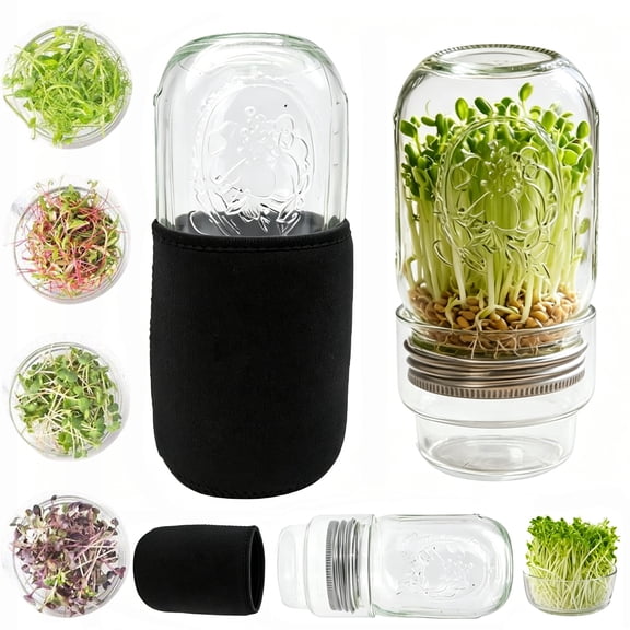 Premium Sprouting Kit with Wide Mouth Glass Mason Jars, Stainless Steel Mesh Lids, Blackout Sleeves, Complete Organic Growing System for Broccoli Alfalfa Mung Beans, Kitchen Gift