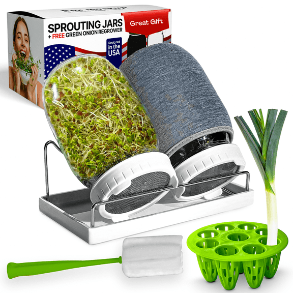 Premium Sprouts Growing Kit & Green Onion Regrower with 2 Mason Jars & Superior Sprout lids. Perfect Sprouter Set for Growing Broccoli, Alfalfa & Beans.