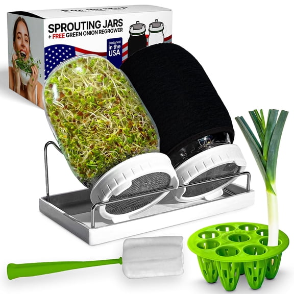 Premium Sprouts Growing Kit & Green Onion Regrower with 2 Mason Jars & Superior Sprout lids. Perfect Sprouter Set for Growing Broccoli, Alfalfa & Beans.