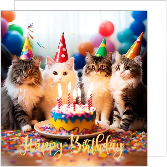 Premium Square Birthday Card with Envelope. Greeting Happy Birthday for Him or Her Cat Mom Dad Daughter Son Girl Boy Child Kids Teens Sweet Cats (GQ122)