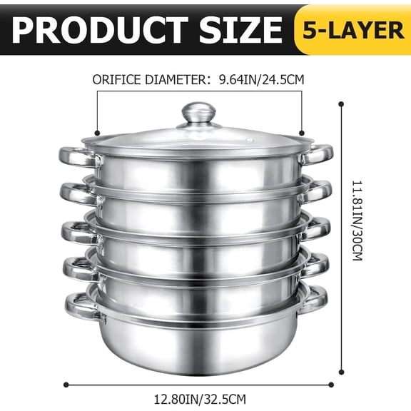 Premium Stainless Steel Steamer Set with 5 Tier Steamer Pans Tier, Multi-Layer Cookware Pot for Steaming, Boiling, and Cooking (Super Thick 28cm)