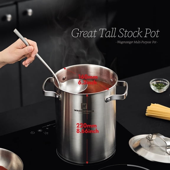 Premium Stainless Steel Asparagus Steamer Pot or Spaghetti Pasta Stovetop Cooker with Perforated Steamer Basket, Tall & Large Size, Versatile Cookware, 3-Ply Base(4.3Liters/1.14Gals)