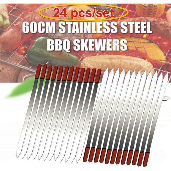 Premium Stainless Steel Barbecue Skewers BBQ Outdoor Grill Skewer Stick Barbecue Fork with Solid Wood Handle for Grilling Shish Kebob Koubideh Persian Brazilian Kebab (24pcs)
