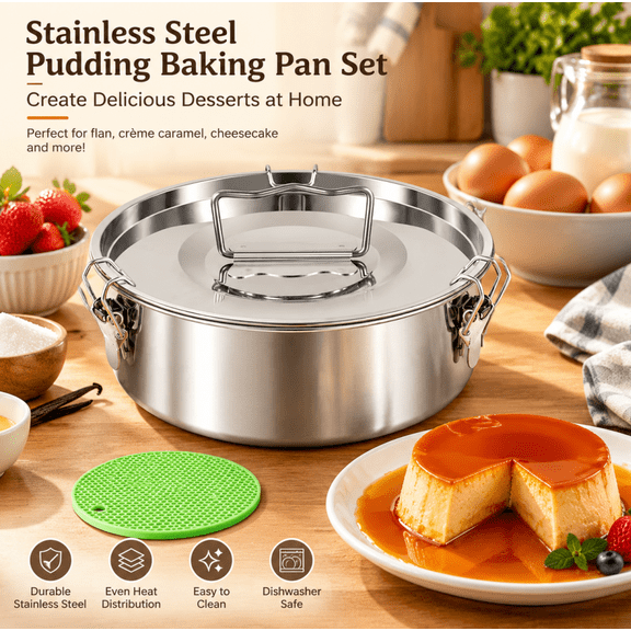 Premium Stainless Steel Flan Pan with Lid Water Bath Baking Mold for Flan, Custard, Pudding & Cakes